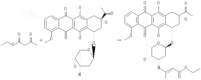 5,12-Naphthacenedione,8-acetyl-10-[(3-amino-2,3,6-trideoxy-a-L-lyxo-hexopyranosyl)oxy]-7,8,9,10-tetrahydro-6,8,11-trihydroxy-1-methoxy-,(8S,10S)- is used to produce N-(1-carboethoxypropen-1-yl-2)daunorubicin by reaction with acetoacetic acid ethyl ester.